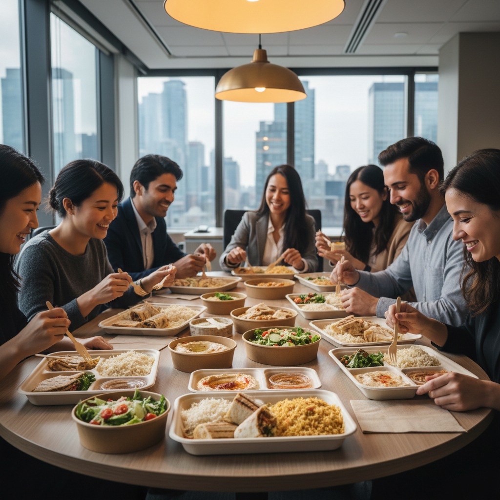 Toronto office team enjoying catered shawarma wraps, salads, and rice bowls during a meeting