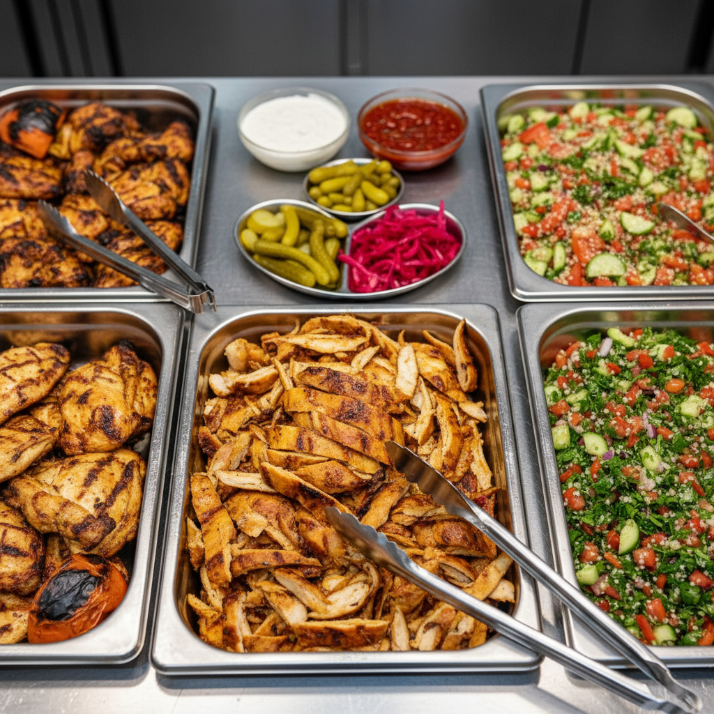 Close-up shawarma catering pans with salads, sauces, and toppings for a Toronto office lunch