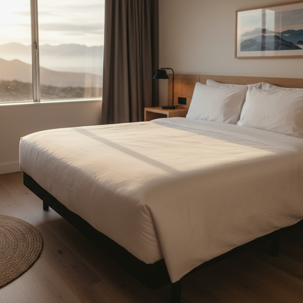Renovated motel guest room interior close-up with crisp linens and mountain view window in North Conway, ideal for affordable accommodations