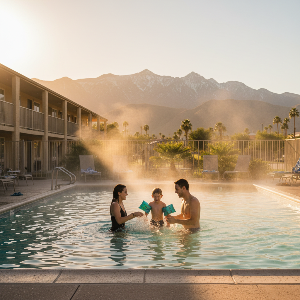 Family enjoying a seasonal heated outdoor pool at a North Conway motel during golden hour, mountains in the background