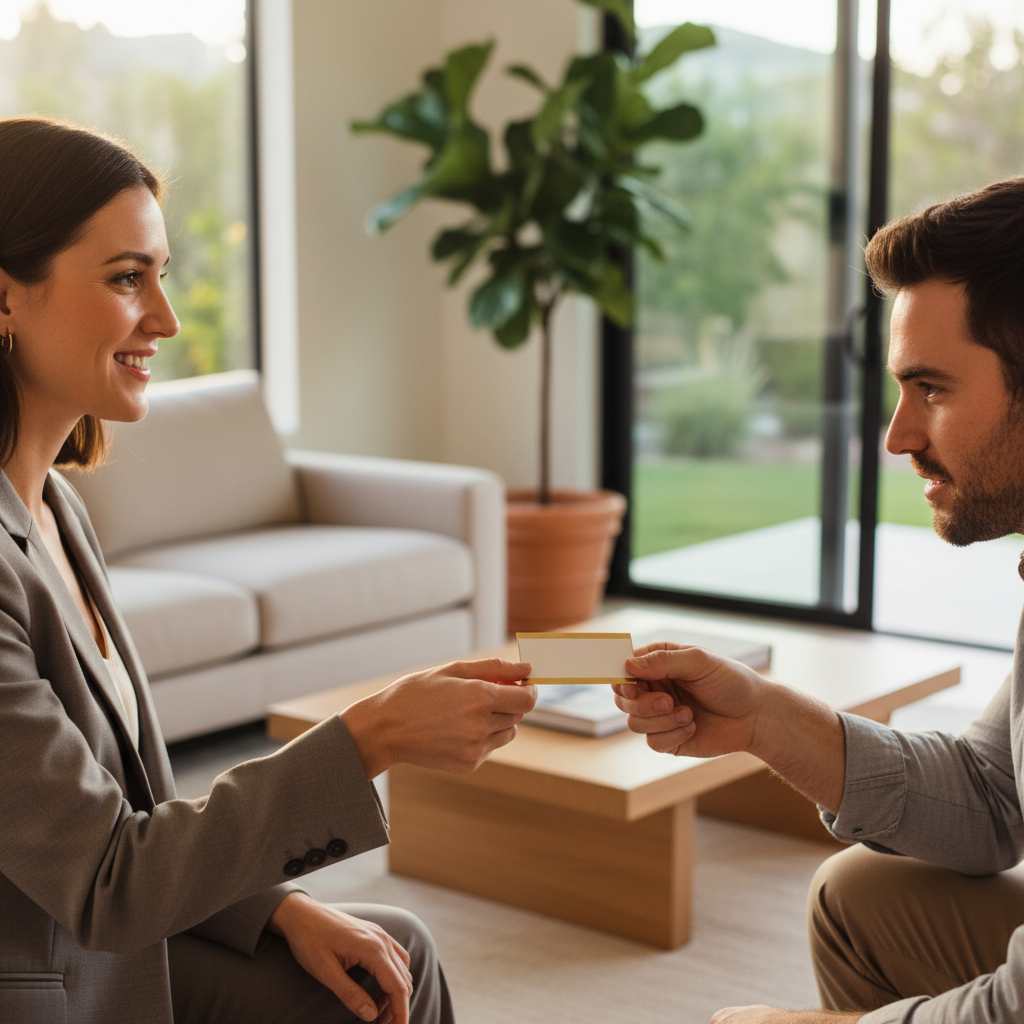 Realtor presenting a foil-accented luxury business card during an open house in Ontario