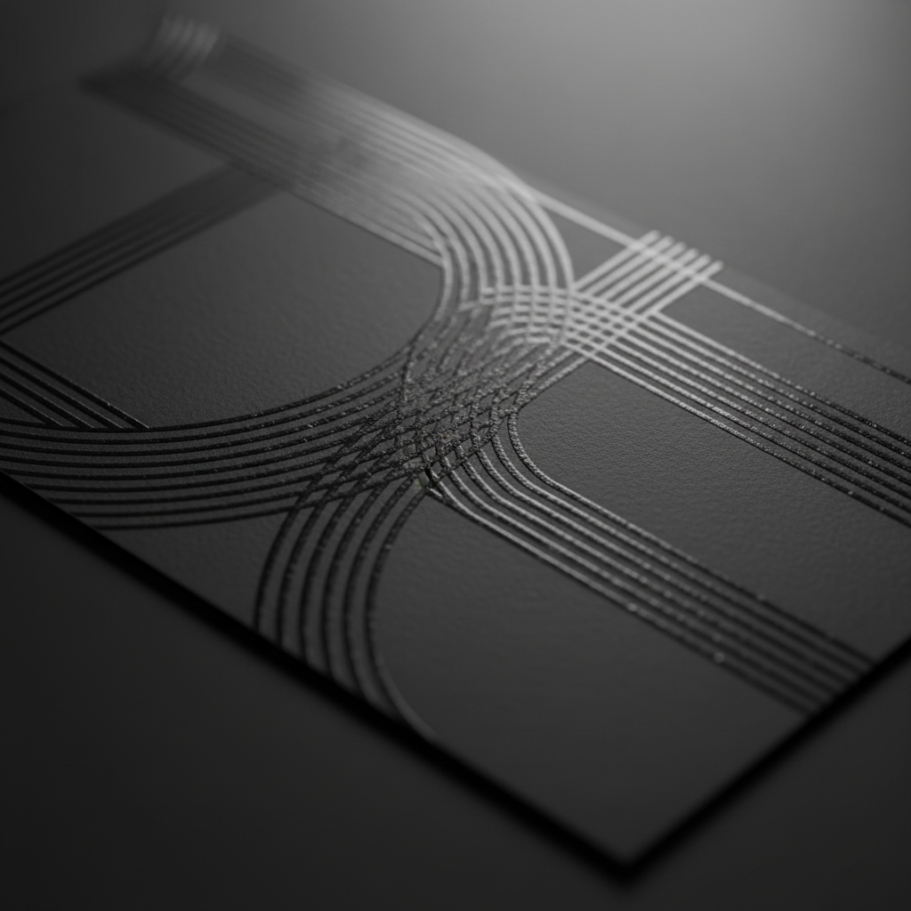 Macro detail of raised spot UV on luxury business card, showing tactile gloss finish for Ontario real estate branding