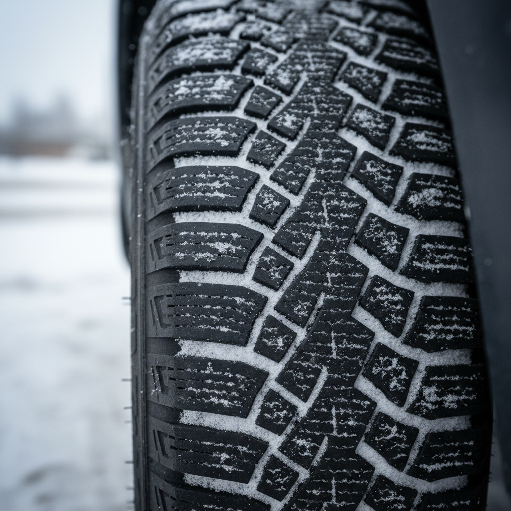 Close-up of winter tire tread for Ontario auto insurance safety and discounts