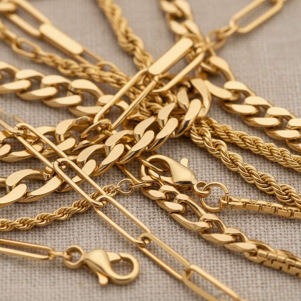 Close-up of mixed gold chain styles for necklace layering, including paperclip, rope, curb, figaro, and box links with extenders and lobster clasps