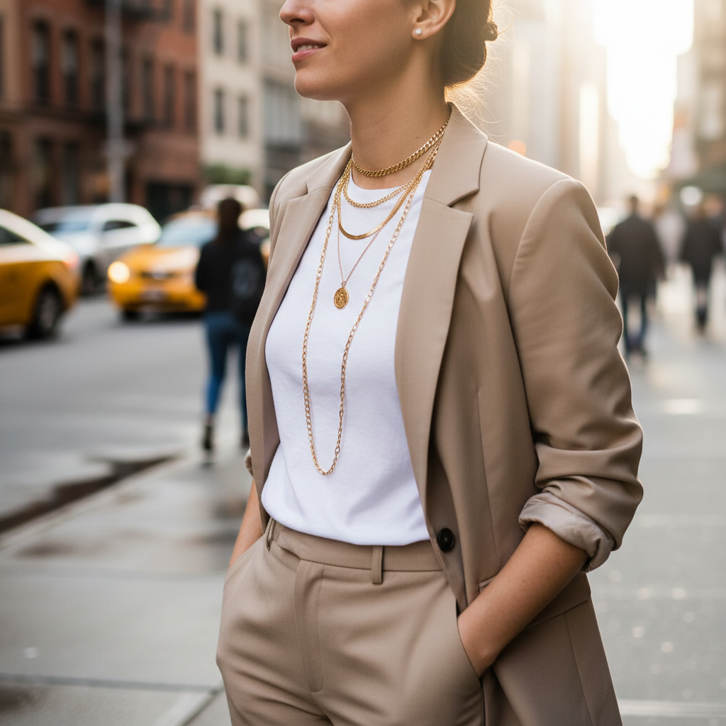 Street style scene in New York showing layered gold necklaces over a white tee and blazer, demonstrating different chain lengths and textures