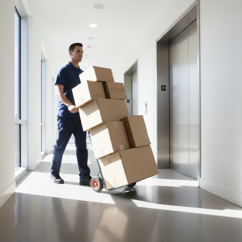 Mover with hand truck in a bright Dubai apartment corridor, illustrating access and elevator planning for local moving quotes