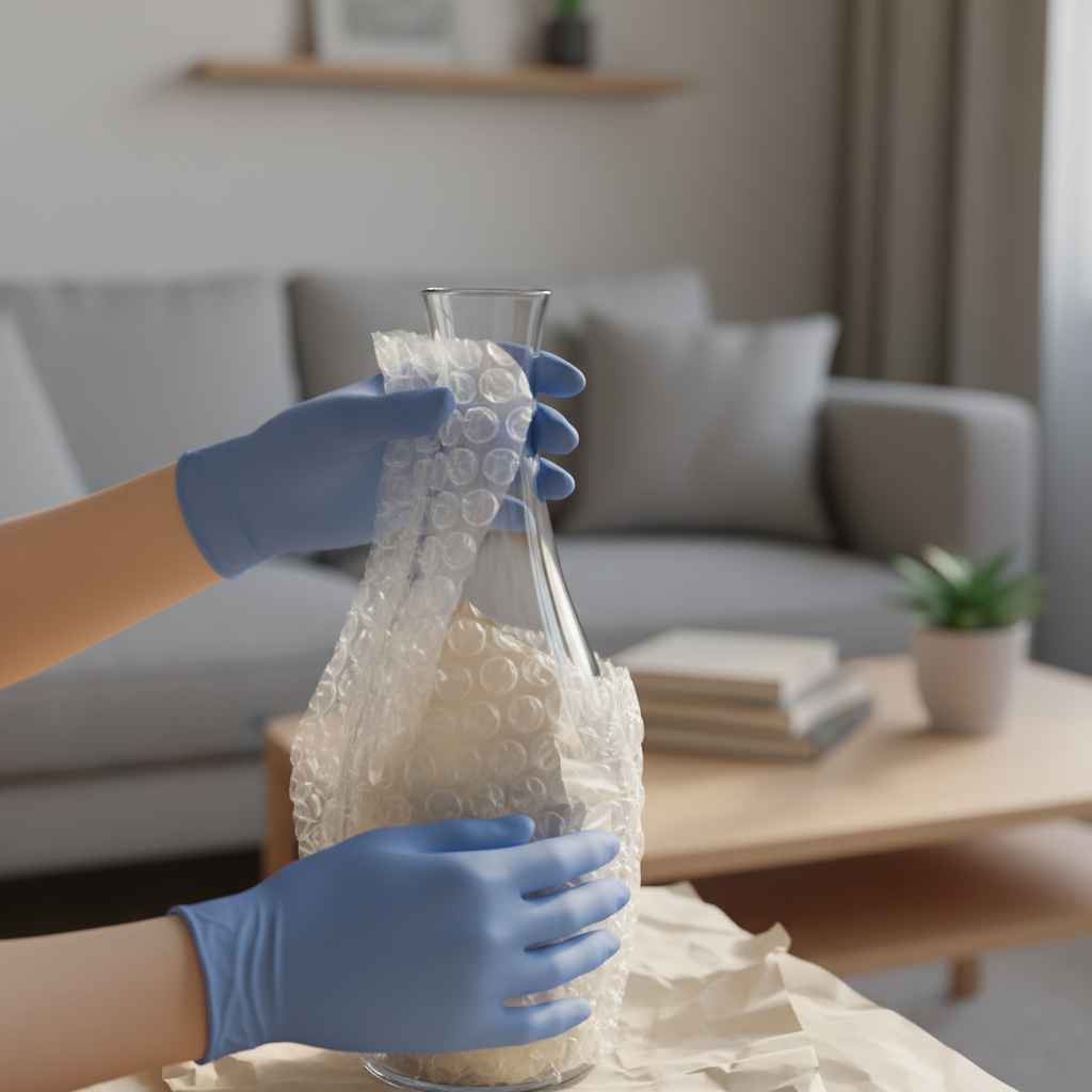 Detail of professional packing: bubble-wrapping a fragile vase to improve local moving quote accuracy in Dubai
