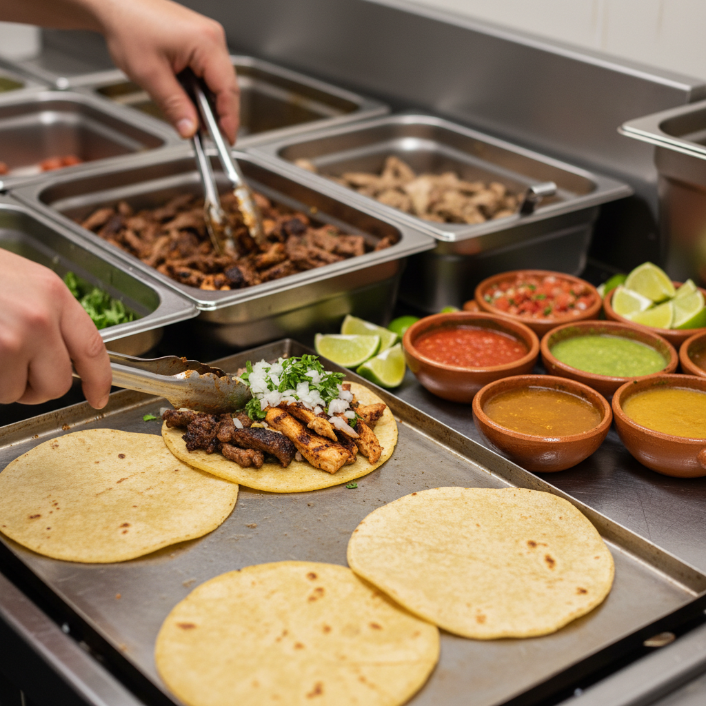 Close-up of hands assembling build-your-own tacos with fresh toppings at a Mexican food for gatherings taco bar