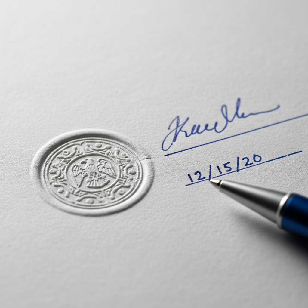 Close-up notary seal on paper beside signature line for statutory declaration format in Ontario