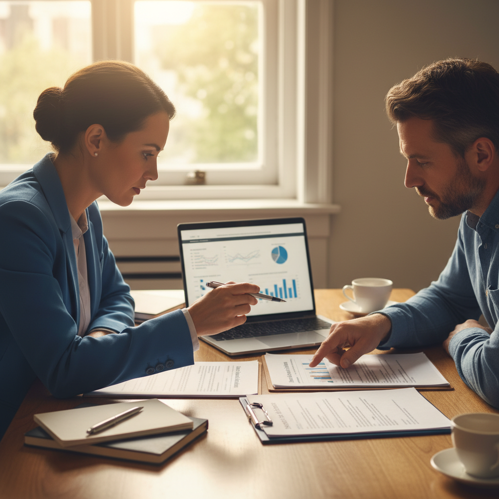 Lawyer and client reviewing immigration documents and statutory declaration format during a meeting in Ontario