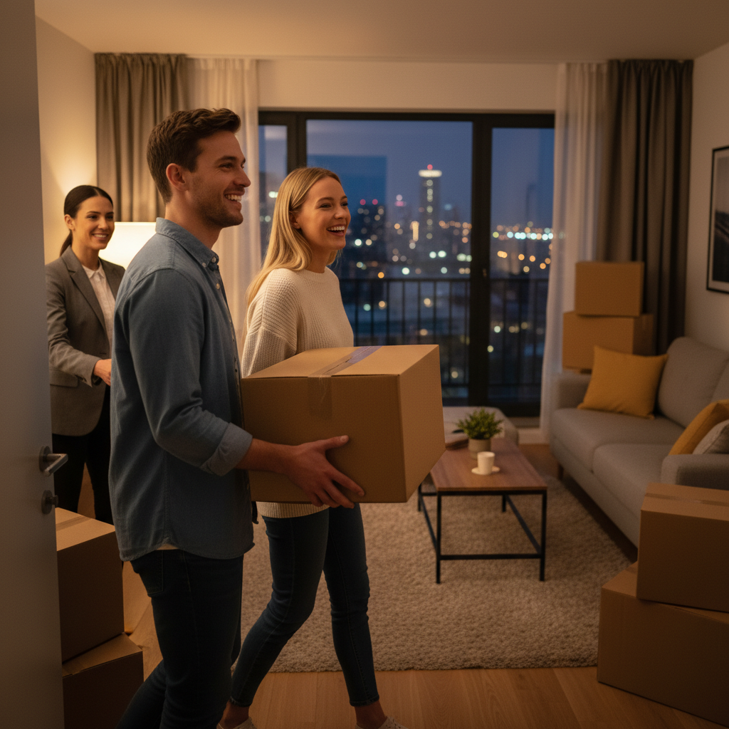 Newcomer couple arriving at a furnished Mississauga apartment with moving boxes as a consultant greets them, symbolizing housing support in post-landing services in Canada