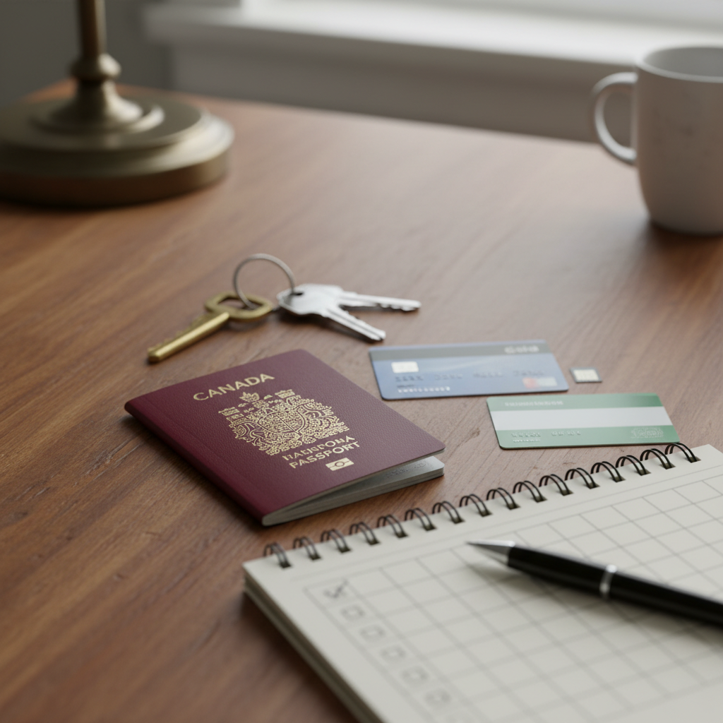 Close-up of post-landing essentials: Canadian passport, keys, debit card, SIM, health card placeholder, checklist for newcomer setup in Canada