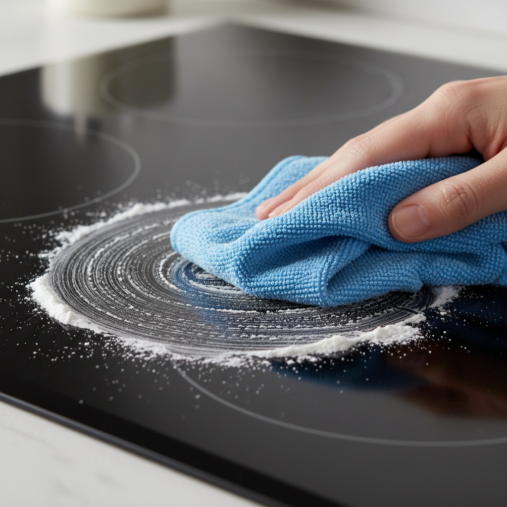 Baking soda paste being applied to a glass stovetop for safe, effective cleaning in Saskatoon homes