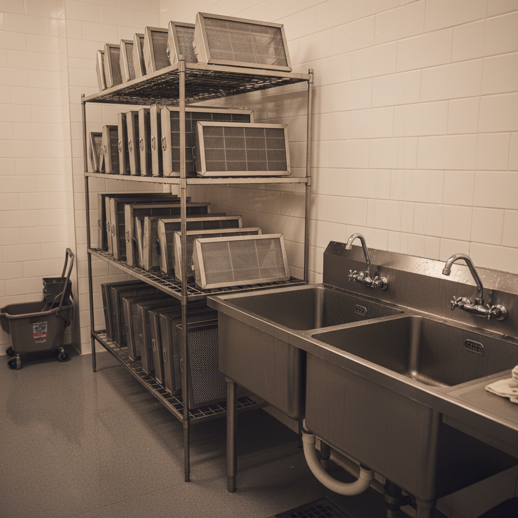 Commercial kitchen wash area with multiple extractor hood filters drying on a stainless rack beside a deep sink
