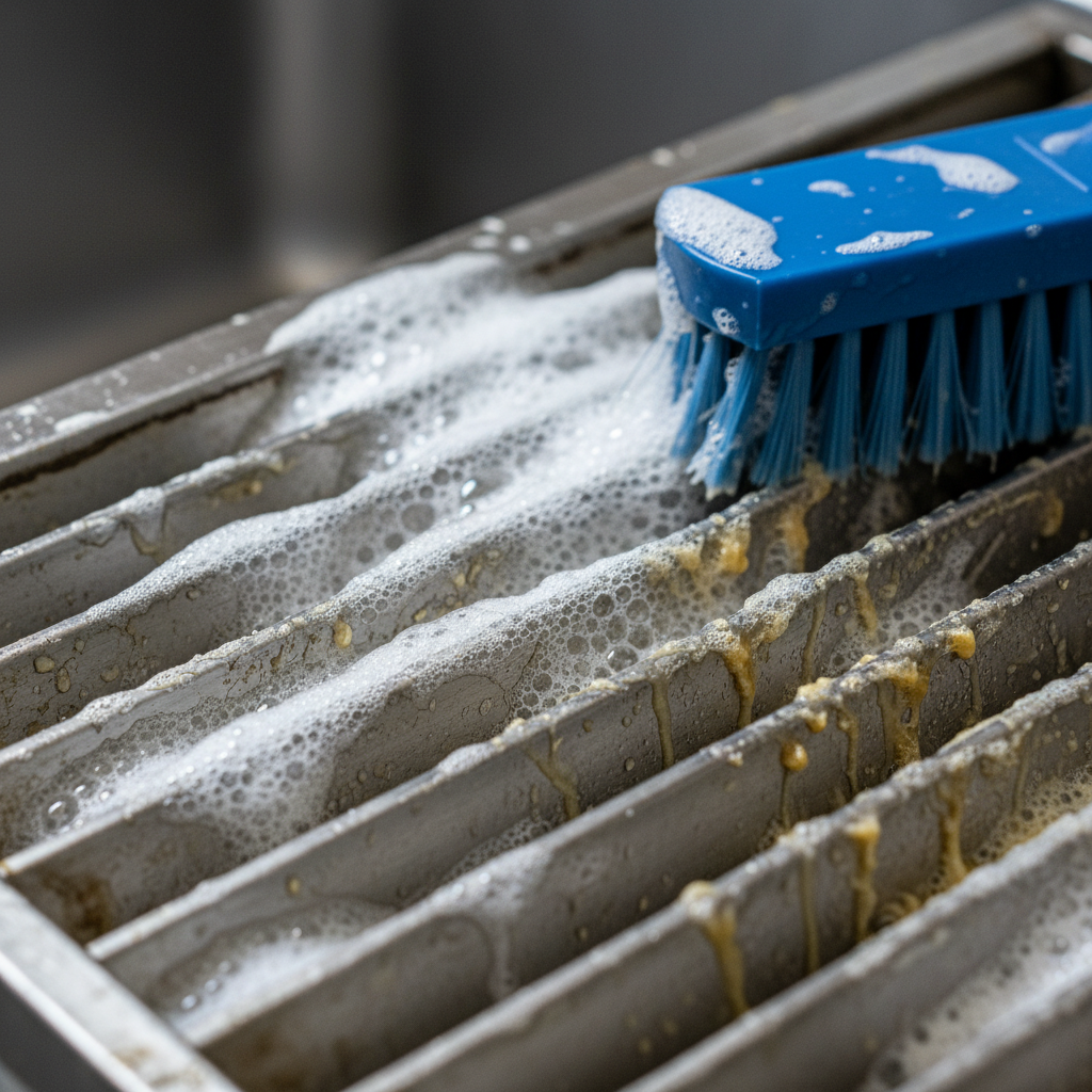 Close-up of greasy stainless baffle filter being scrubbed with degreaser foam during hood filter cleaning