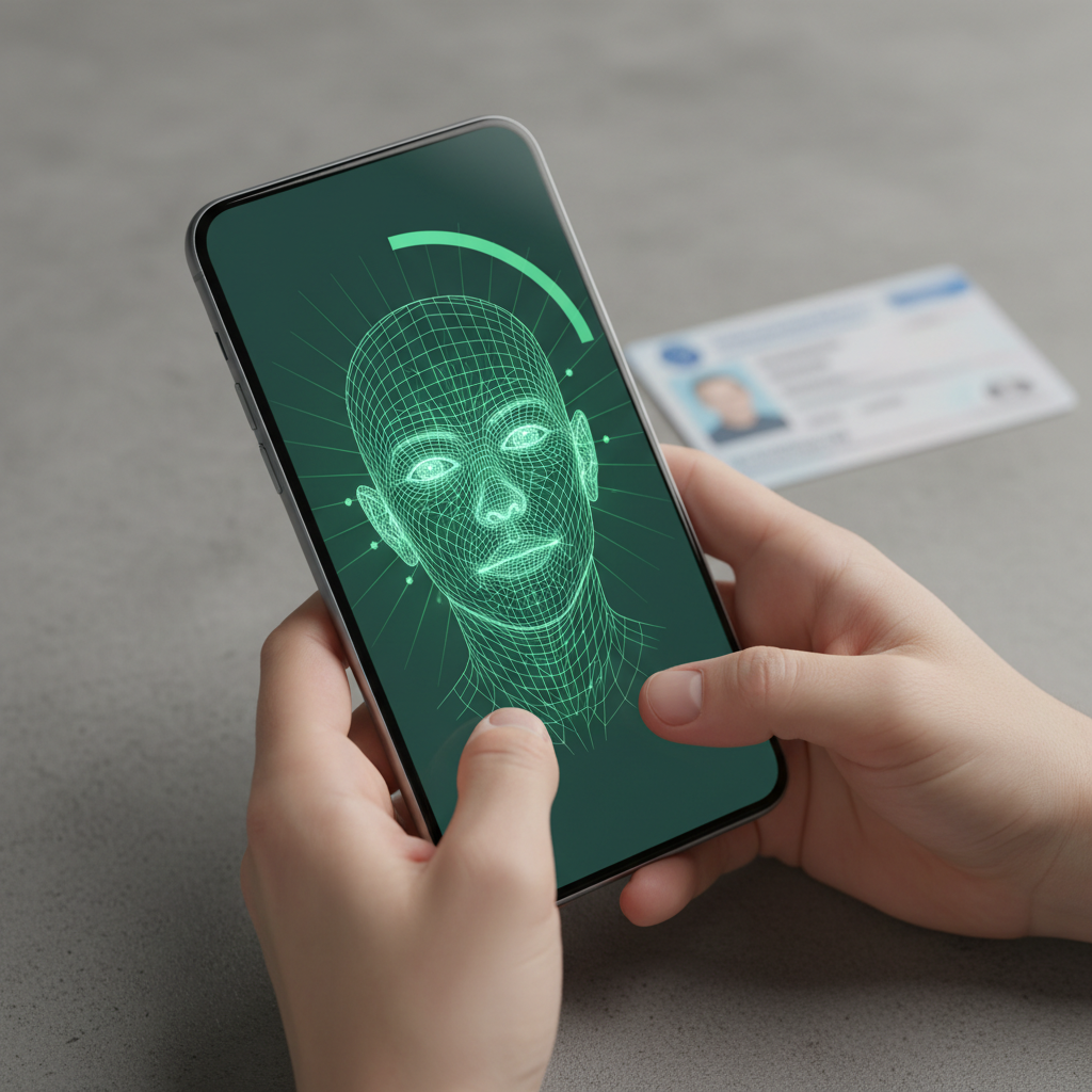 Close-up detail of mobile biometric check used for verified buyer screening on Houseup