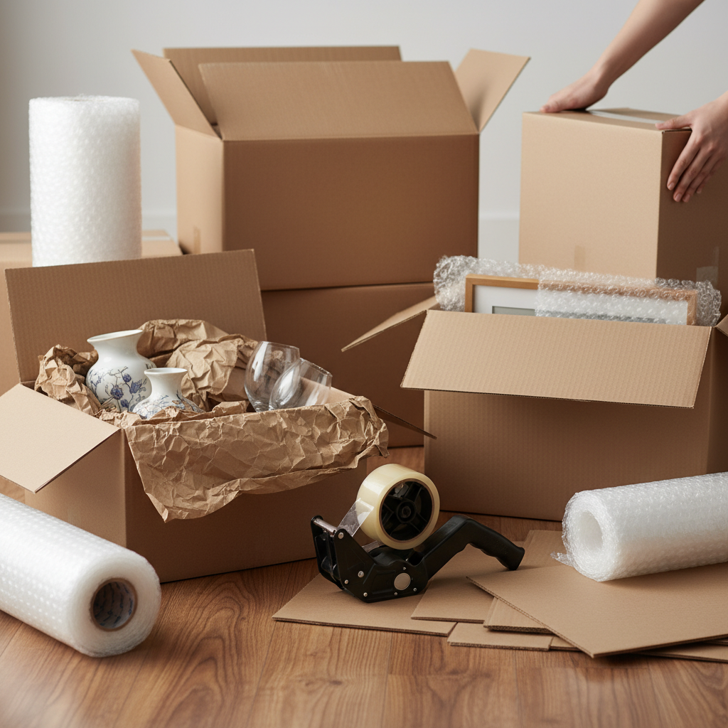 Close-up of labeled moving boxes, bubble wrap, and packing tools for an apartment relocation in Dubai