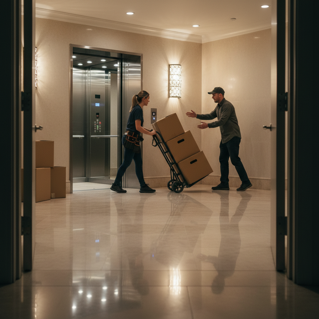 Movers loading boxes with a hand truck into a residential elevator lobby during an apartment move in Dubai