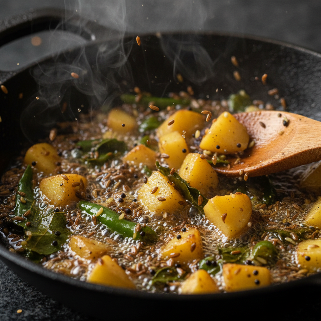 Tempering spices for aloo sabzi with cumin, mustard, and curry leaves sizzling in oil before adding potatoes
