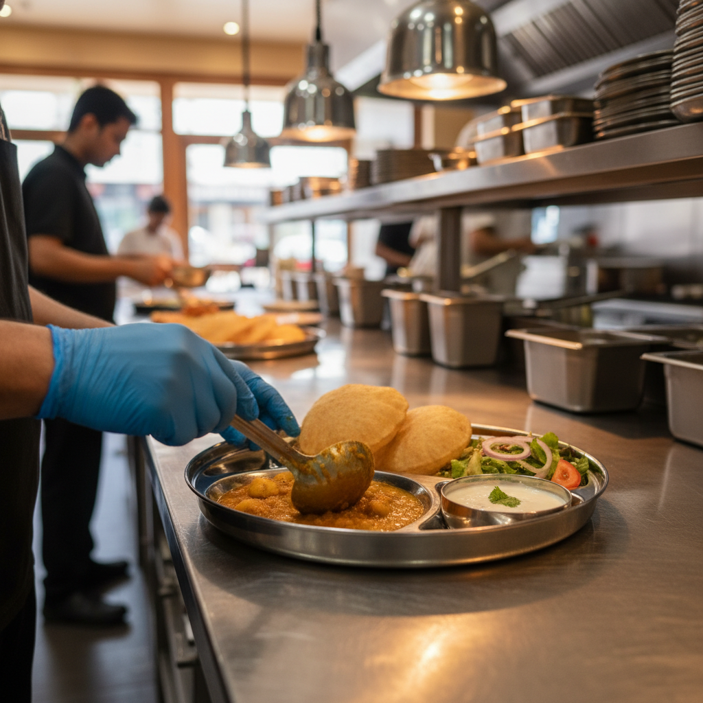 Indian thali tray being packed with aloo sabzi, puri, raita, and salad in a professional kitchen in Brampton