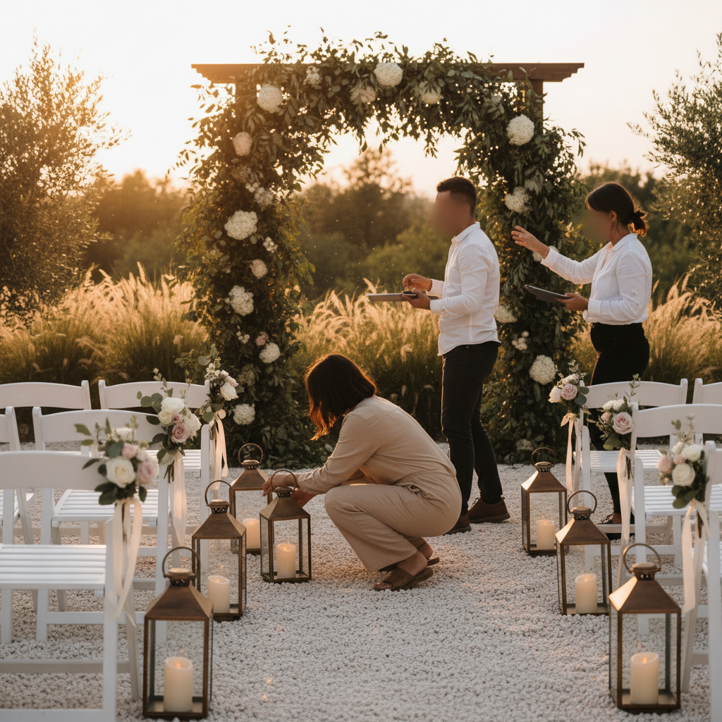 Outdoor ceremony aisle decor with lanterns and floral posies being adjusted by planners at golden hour; practical wedding decor planning in action