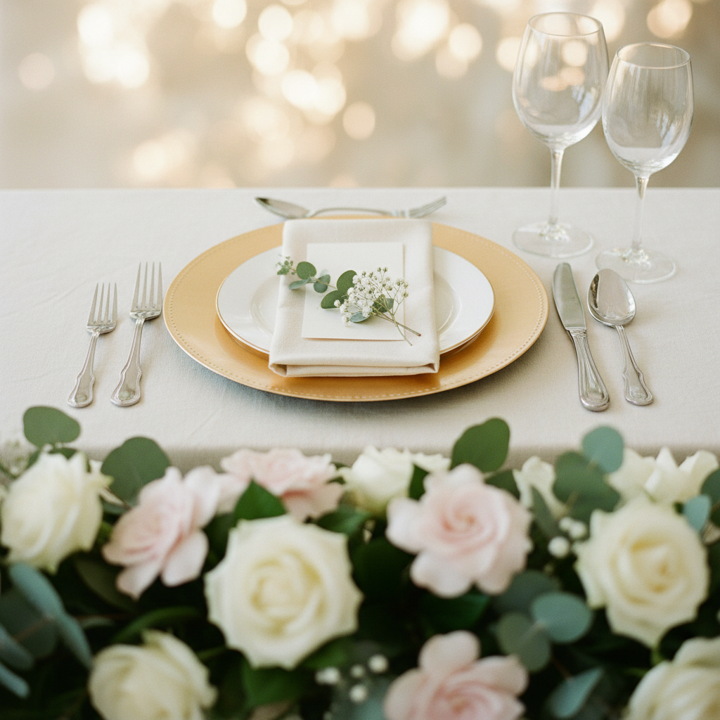 Refined wedding tablescape close-up with gold-rim charger, crystal glassware, greenery sprig, and ivory linen; ideal for a wedding decor planning checklist