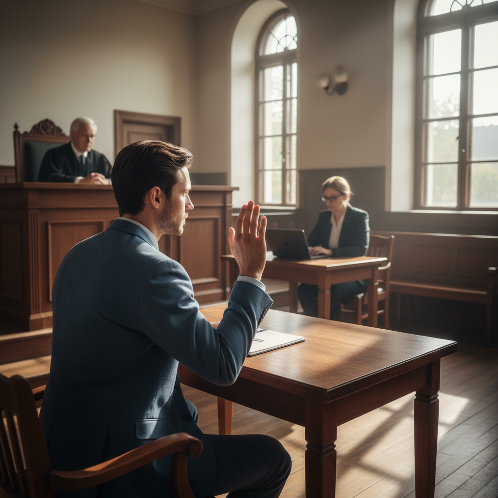 Witness giving testimony in a small courtroom scene with judge and clerk, illustrating how to present small claims court evidence clearly and credibly