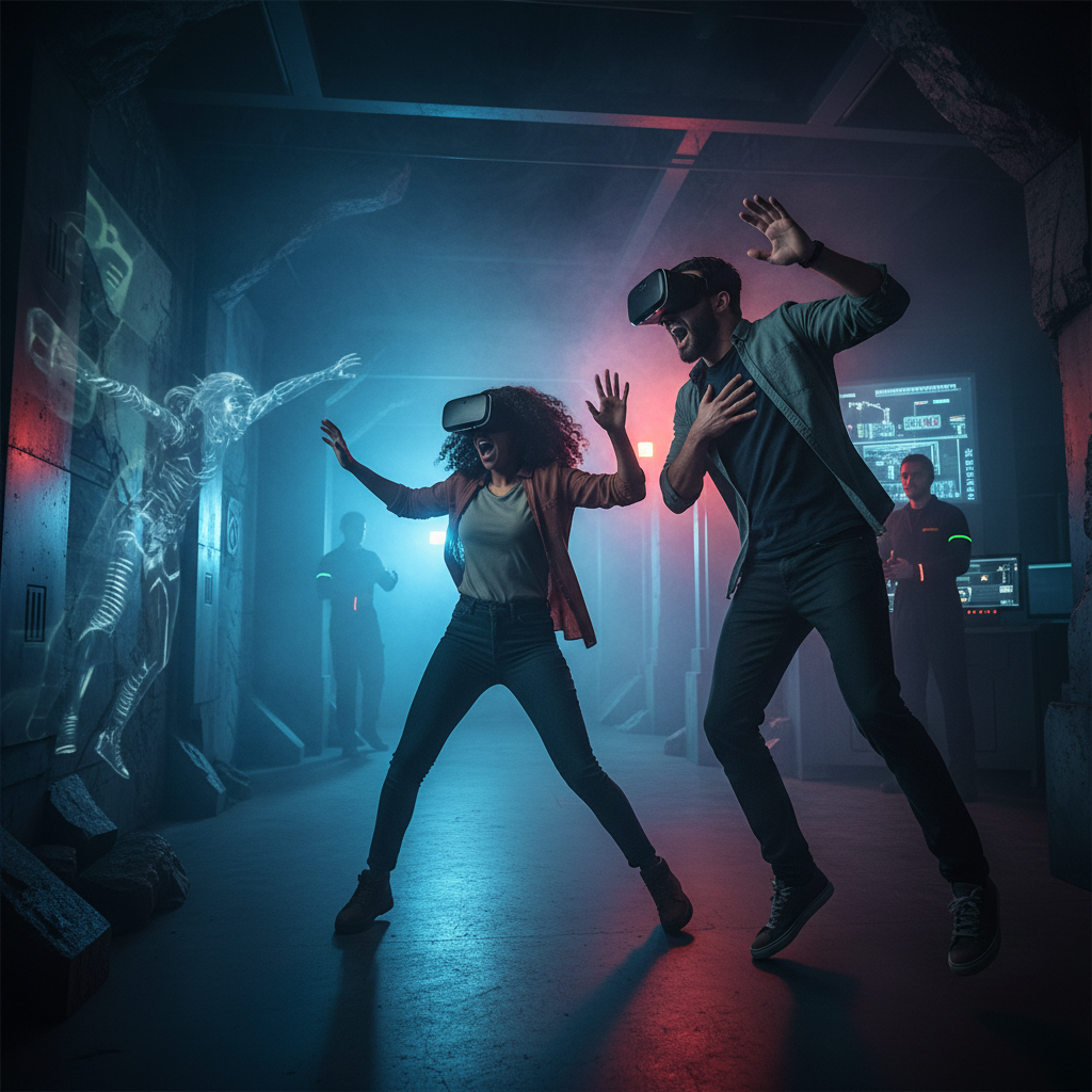 Friends in a VR escape room at The Next Level reacting to a jump scare with staff support nearby in London, Ontario