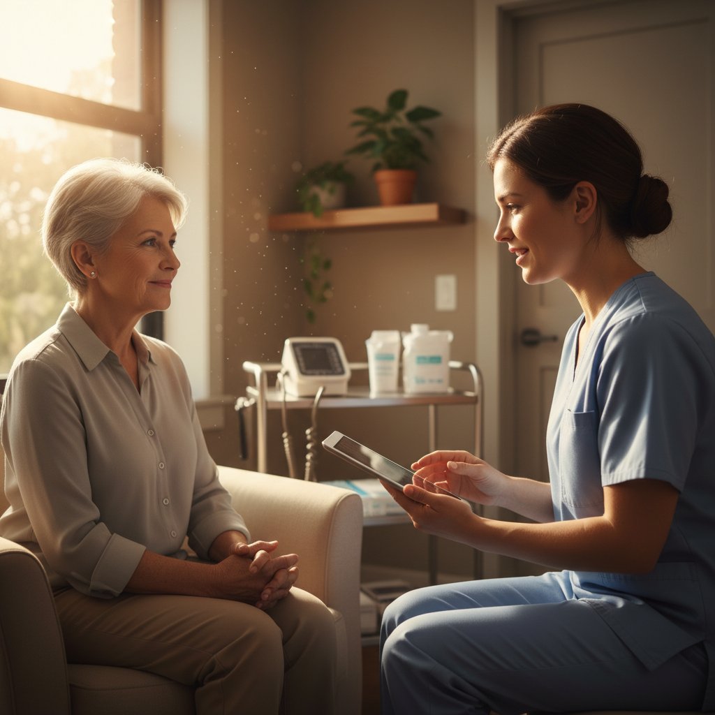 Private nurse–patient consultation in an Ontario methadone clinic, discussing treatment options like Suboxone, Sublocade, and Kadian