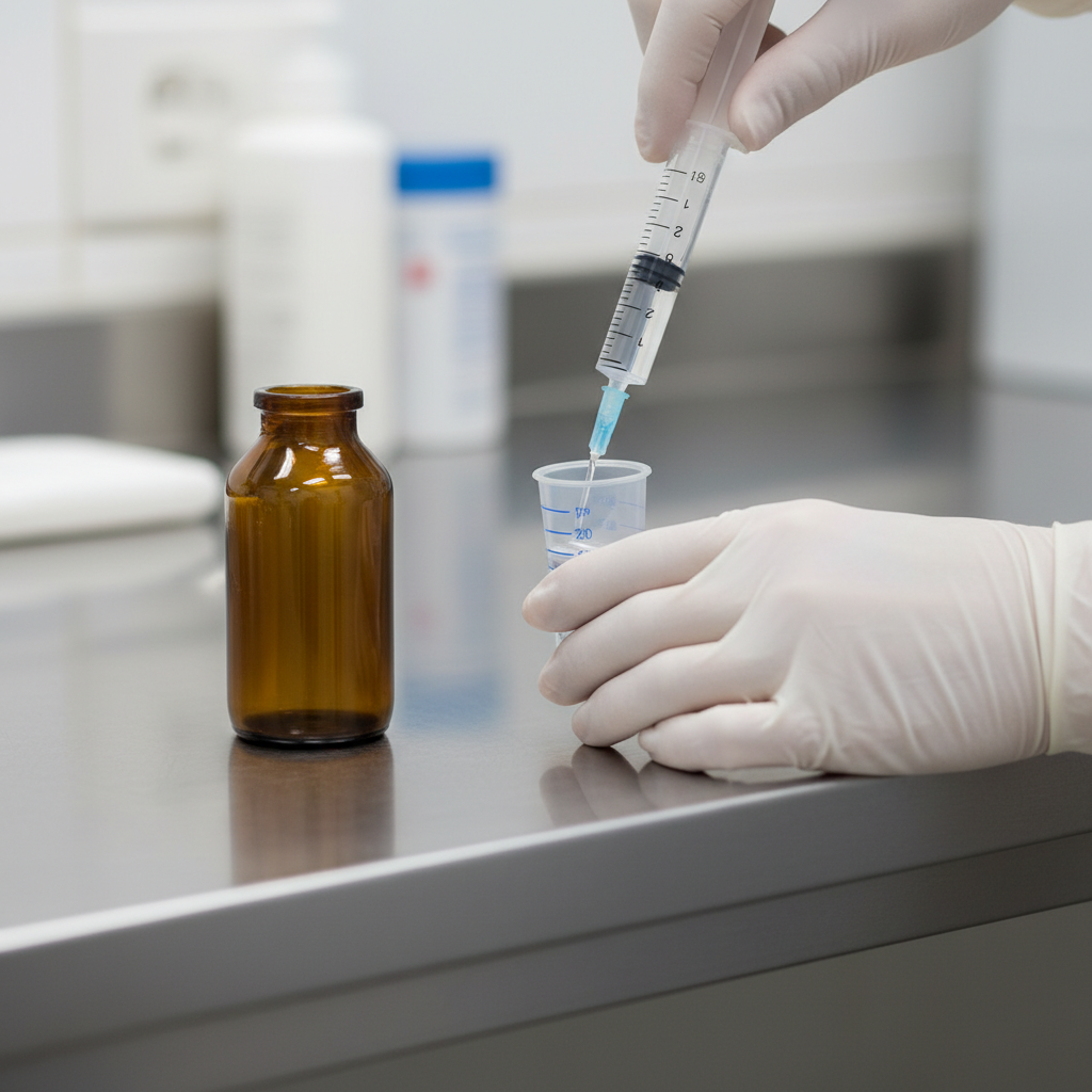 Close-up of supervised methadone dosing at a Bayview methadone clinic in Ontario, showing careful measurement and safety-focused practice