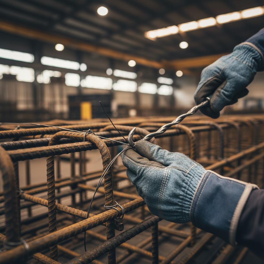 Close-up of tying steel on a beam cage following rebar shop drawings with clear bar marks and laps