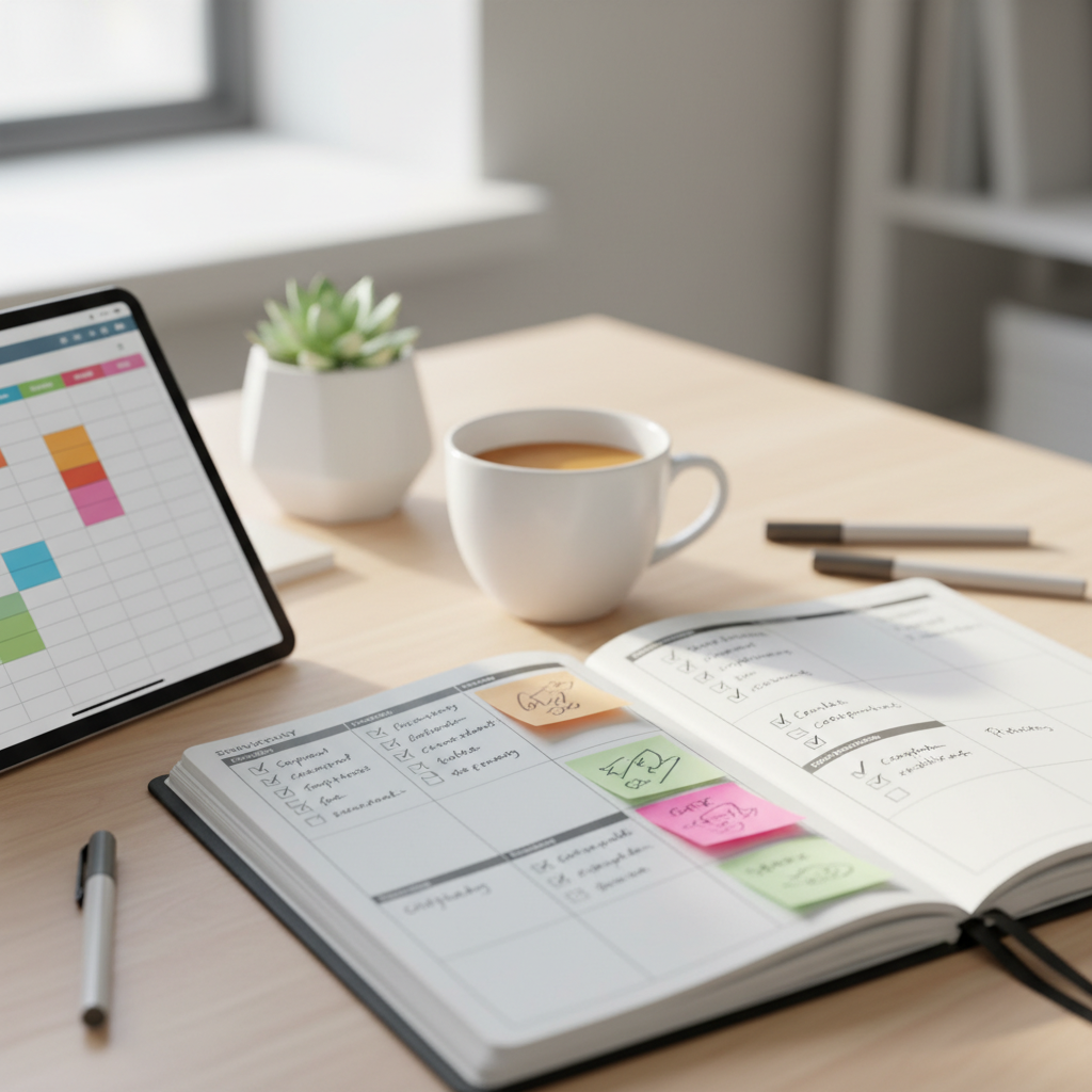 Close-up of a study planner and tablet organized for post-course coaching benefits with a weekly exam prep schedule