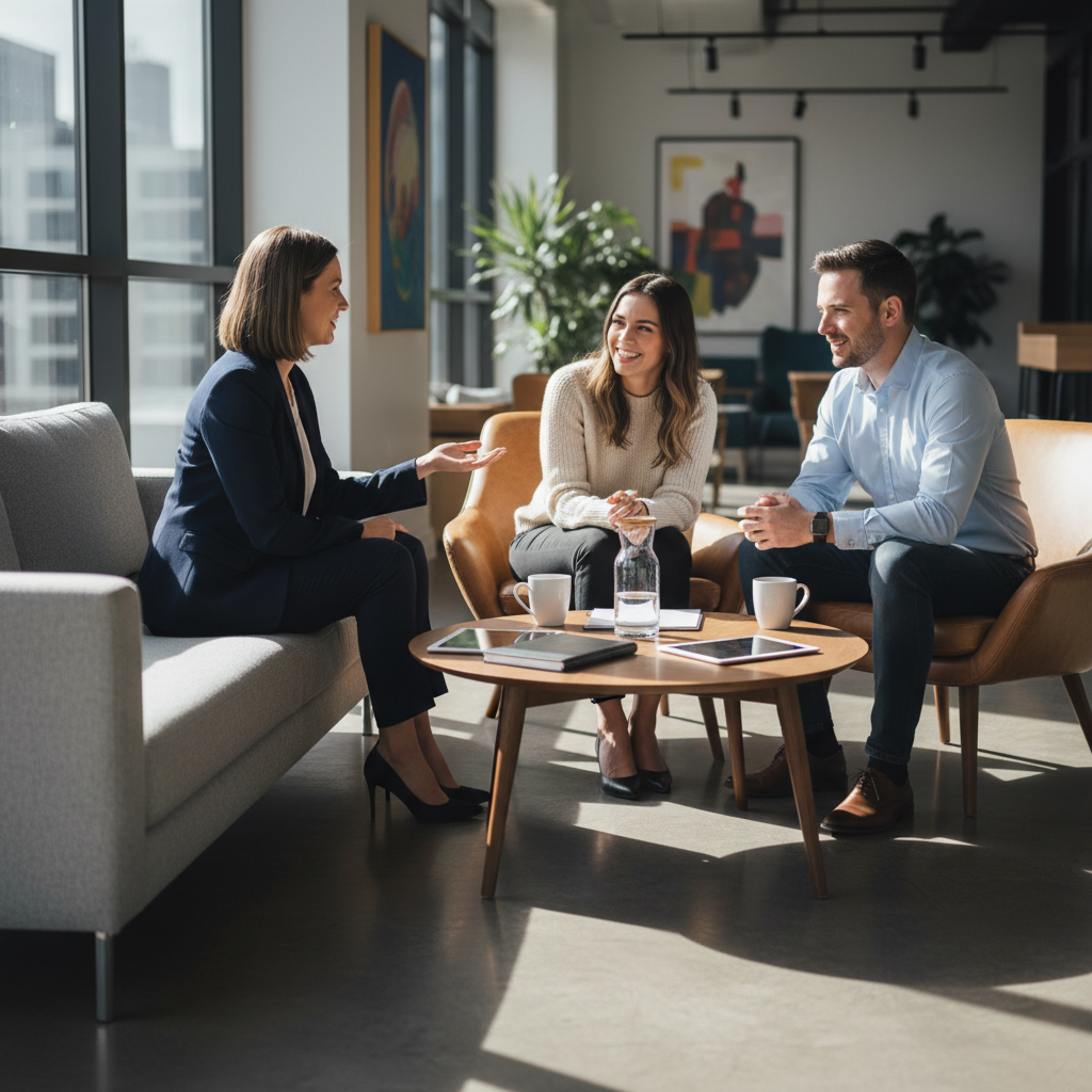 Mortgage broker meeting clients to compare refinance loan options and features in a modern office
