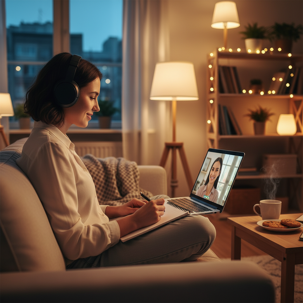 Evening virtual coaching session at home that reinforces post-course coaching benefits through guided study and note-taking