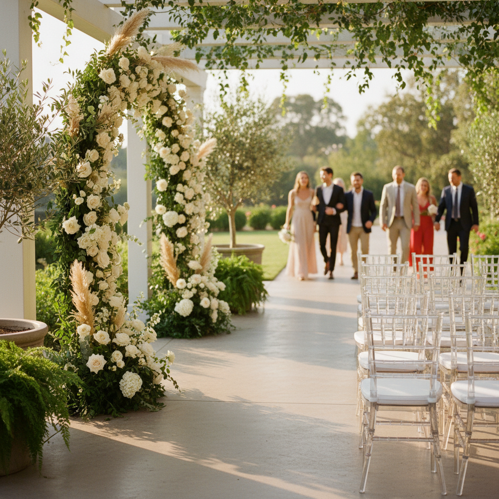 Outdoor wedding ceremony setup on the patio at Mississauga Convention Centre with floral arch and chiavari chairs