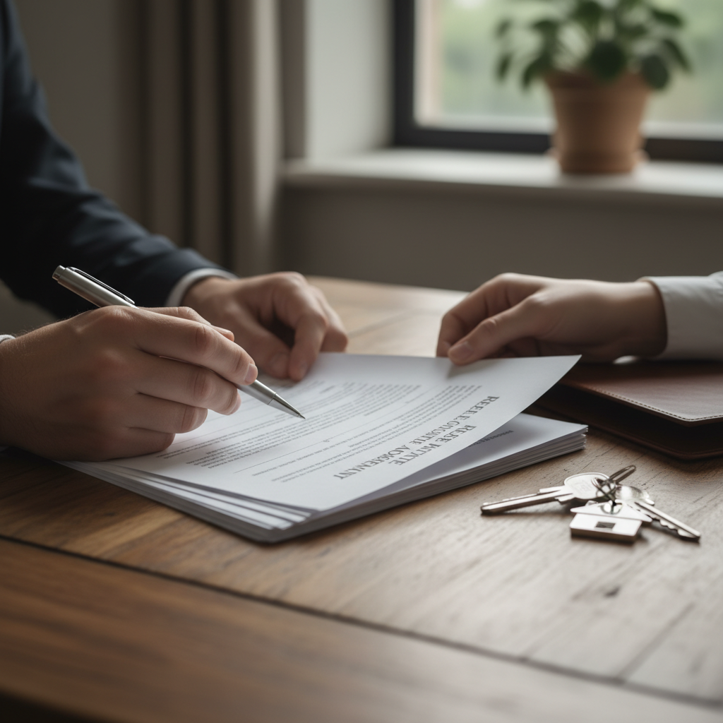 Close-up of hands reviewing a Buyer Representation Agreement with house keys and pen, illustrating how buyer representation works and protects a Brampton homebuyer