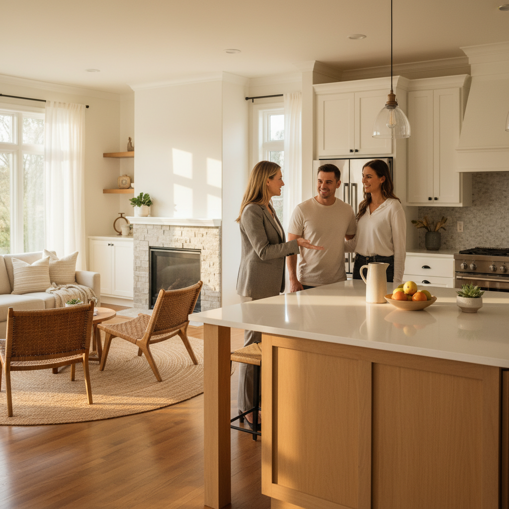 Real estate agent guiding buyers through an open-concept Brampton home, demonstrating tools and process used in buyer representation