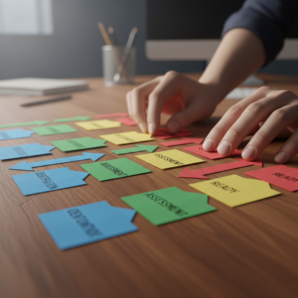 Close-up detail of mapping a succession planning framework with color-coded steps and successor pipeline on a desk