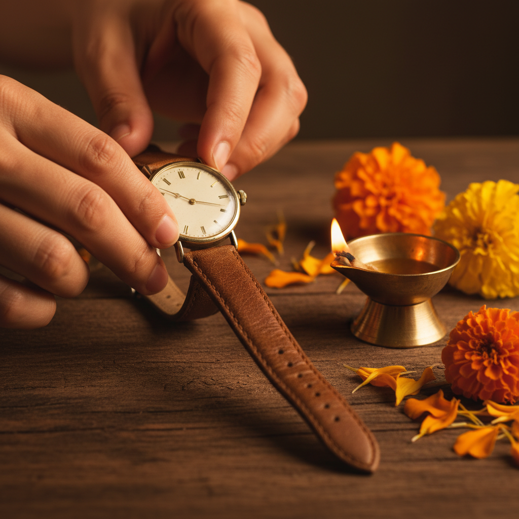 Close-up of hands adjusting a watch next to a diya, illustrating Rahu Kaal and Shubh Samay timing practice for daily muhurat selection
