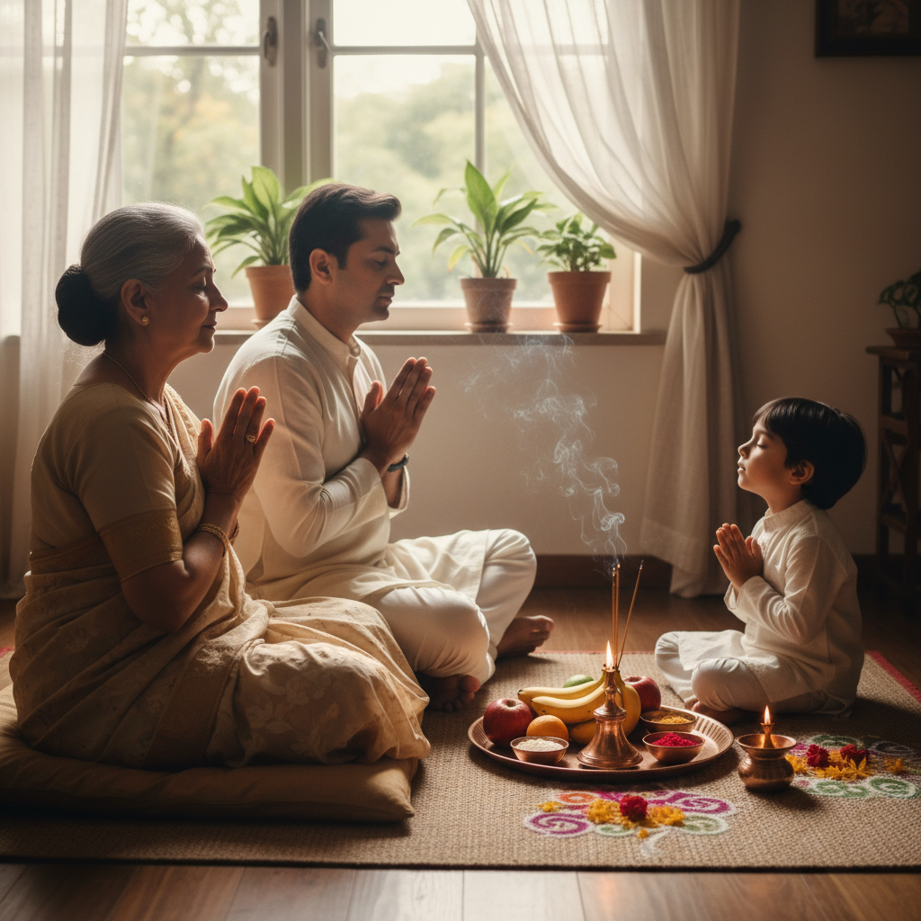 Brampton family performing a simple home pooja, showing how a Shubh Samay window guides the first light and offering