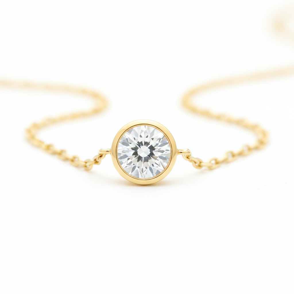 Close-up of a bezel-set lab-grown diamond solitaire gold pendant on a fine chain, ideal for everyday gifting