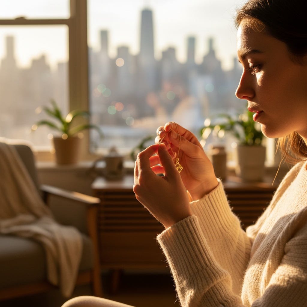 Lifestyle scene of clasping a delicate gold pendant necklace in a New York apartment, warm light and city bokeh