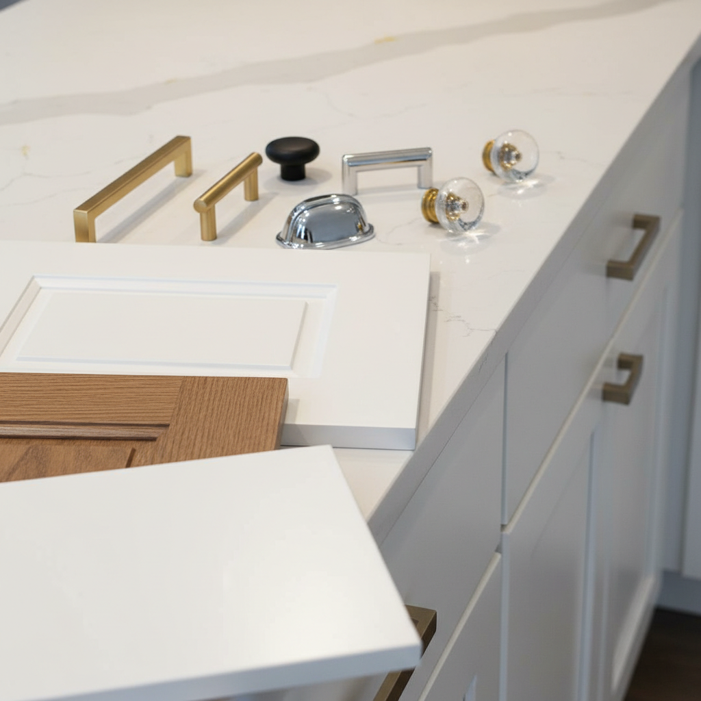 Close-up of kitchen design samples: cabinet doors, hardware, and quartz for the kitchen design process