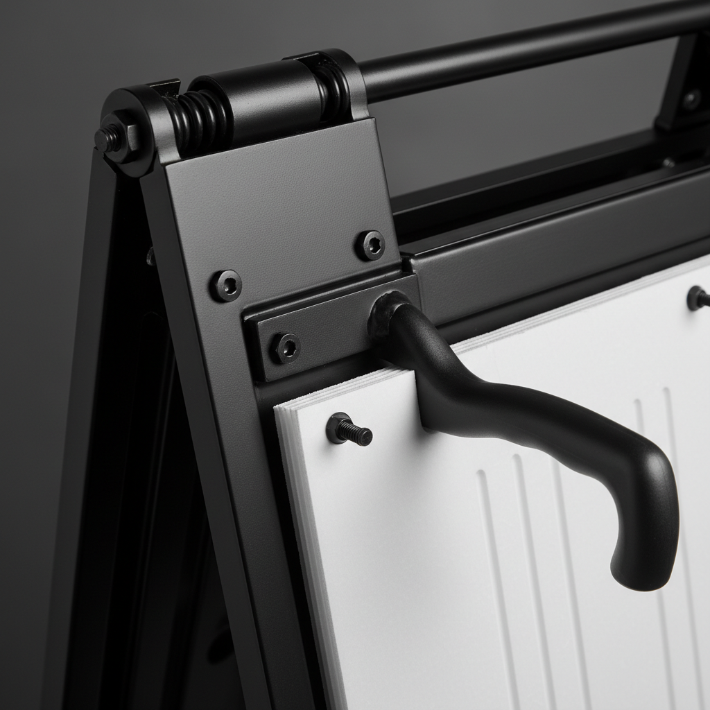 Close-up of durable A-frame hardware for open house signage showing hinge and handle detail, ideal for Mississauga real estate agents