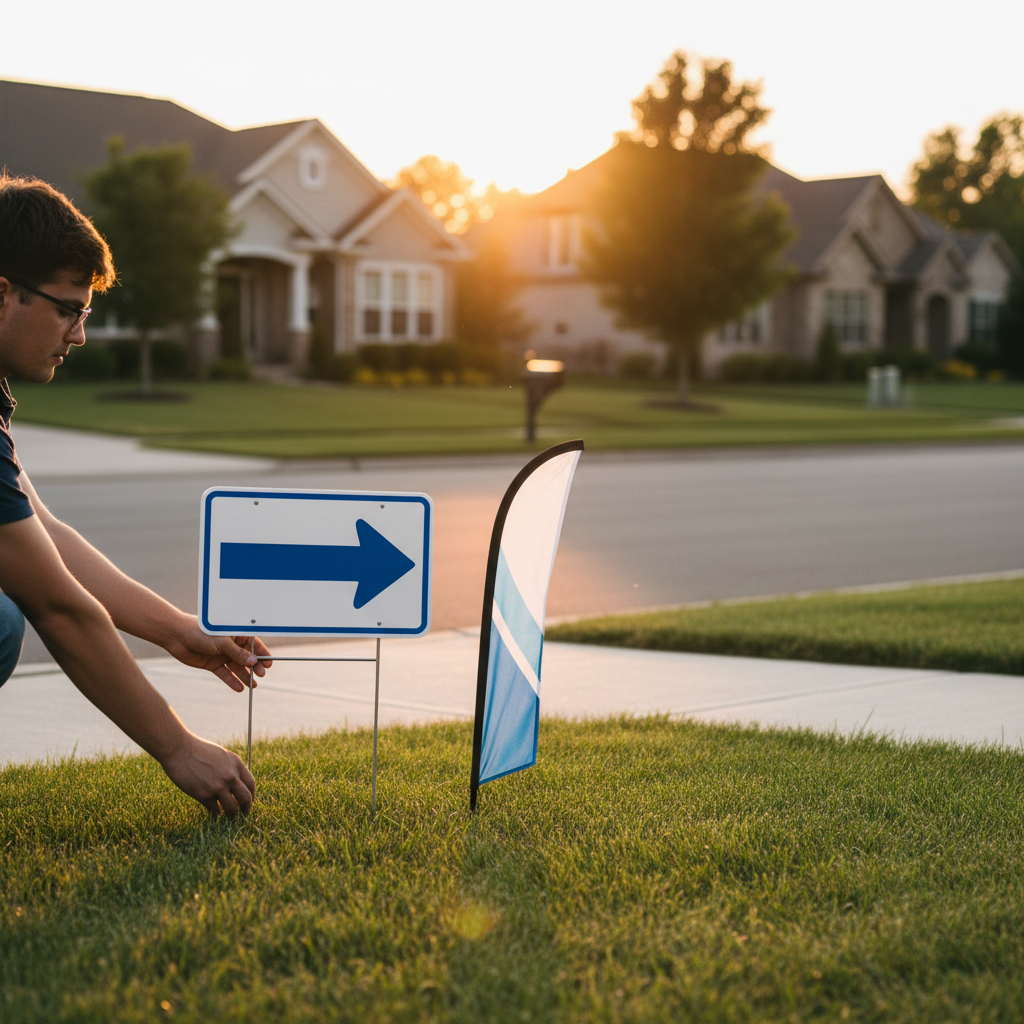 Agent placing directional arrow yard sign and small feather flag at a residential corner to guide open house traffic