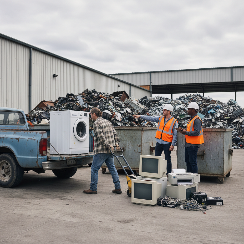 Customer unloading an old washer and mixed e-waste at an Etobicoke scrap drop-off bay