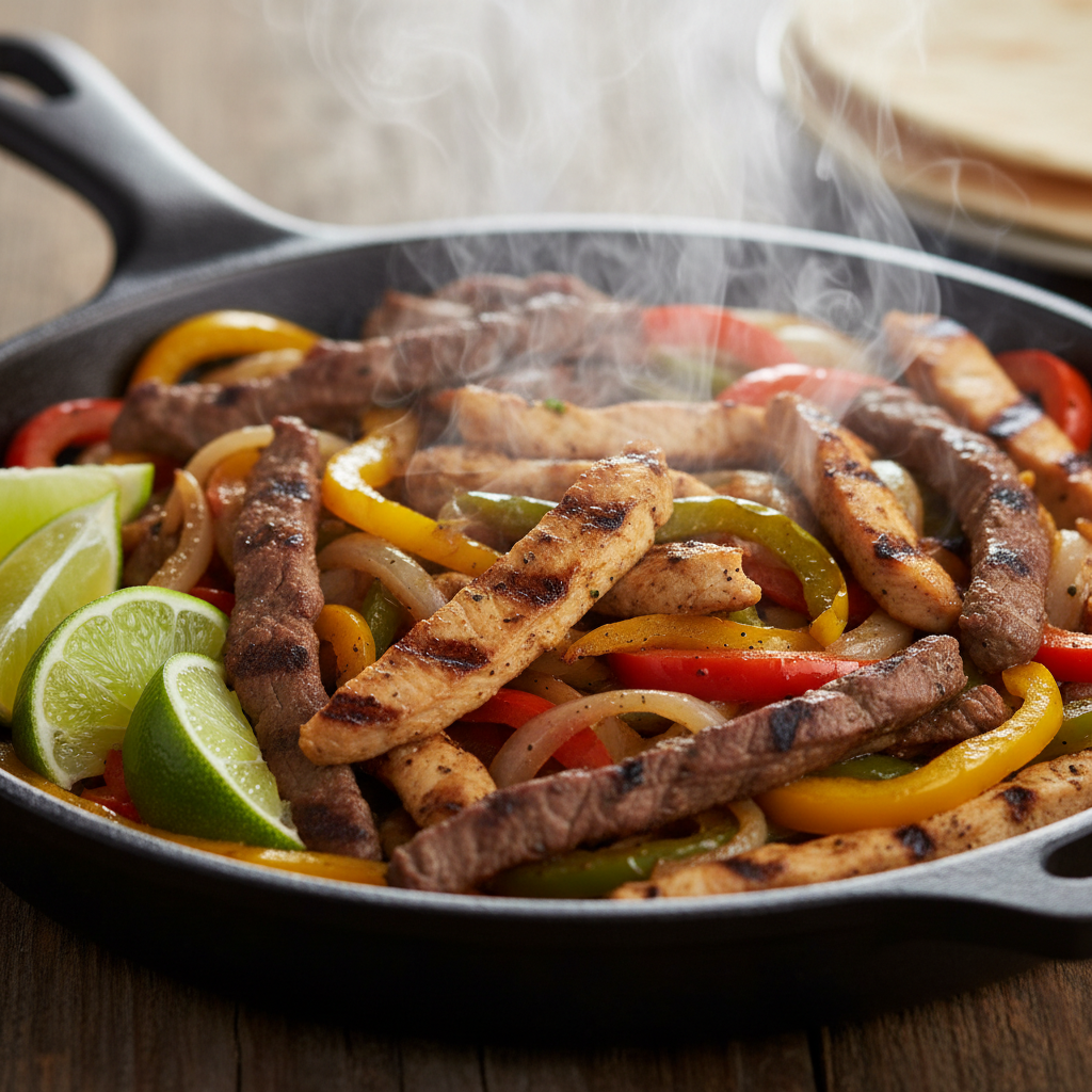 Close-up of sizzling fajitas and grilled peppers illustrating a Mexican grill dining experience
