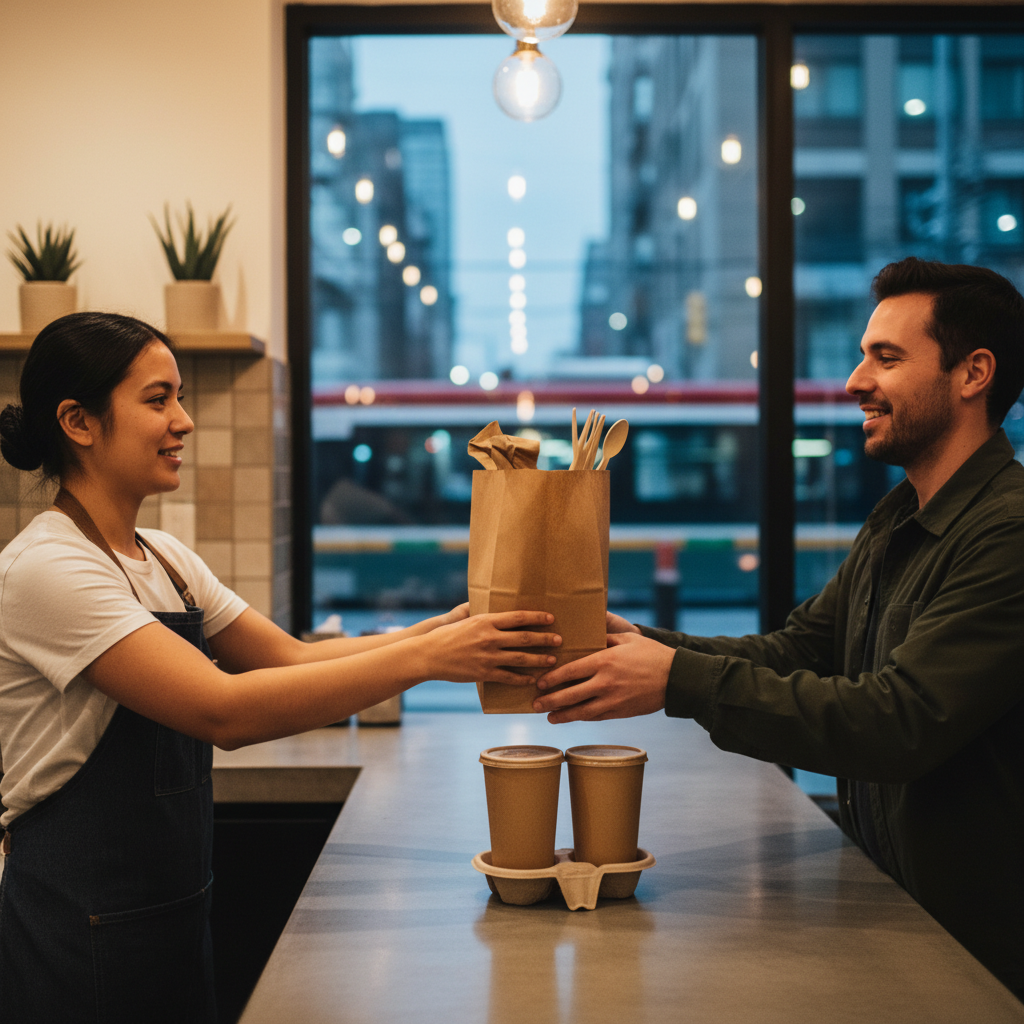 Takeout handoff scene showing portable Mexican grill dishes in eco-friendly packaging for Old Toronto diners