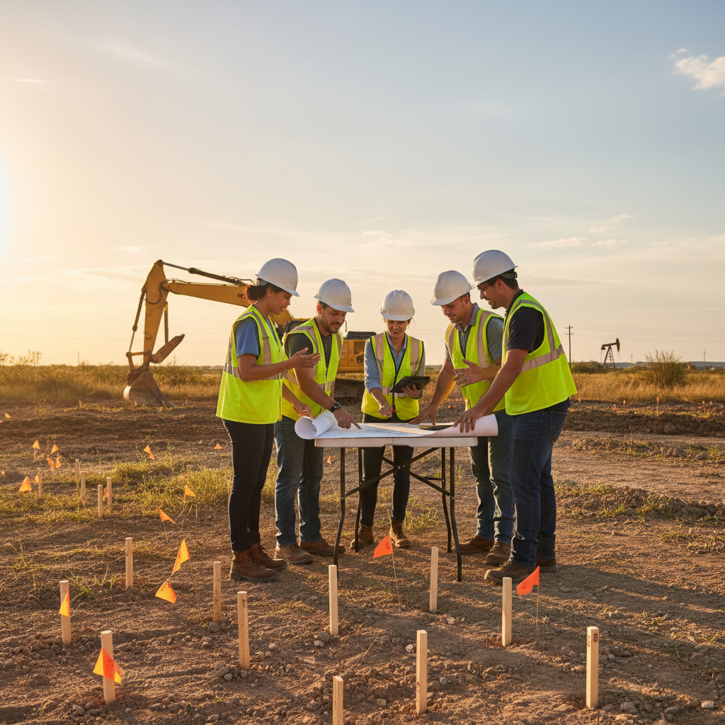 Project team reviewing a cleared Texas site with survey stakes and excavator, aligning zoning and construction planning