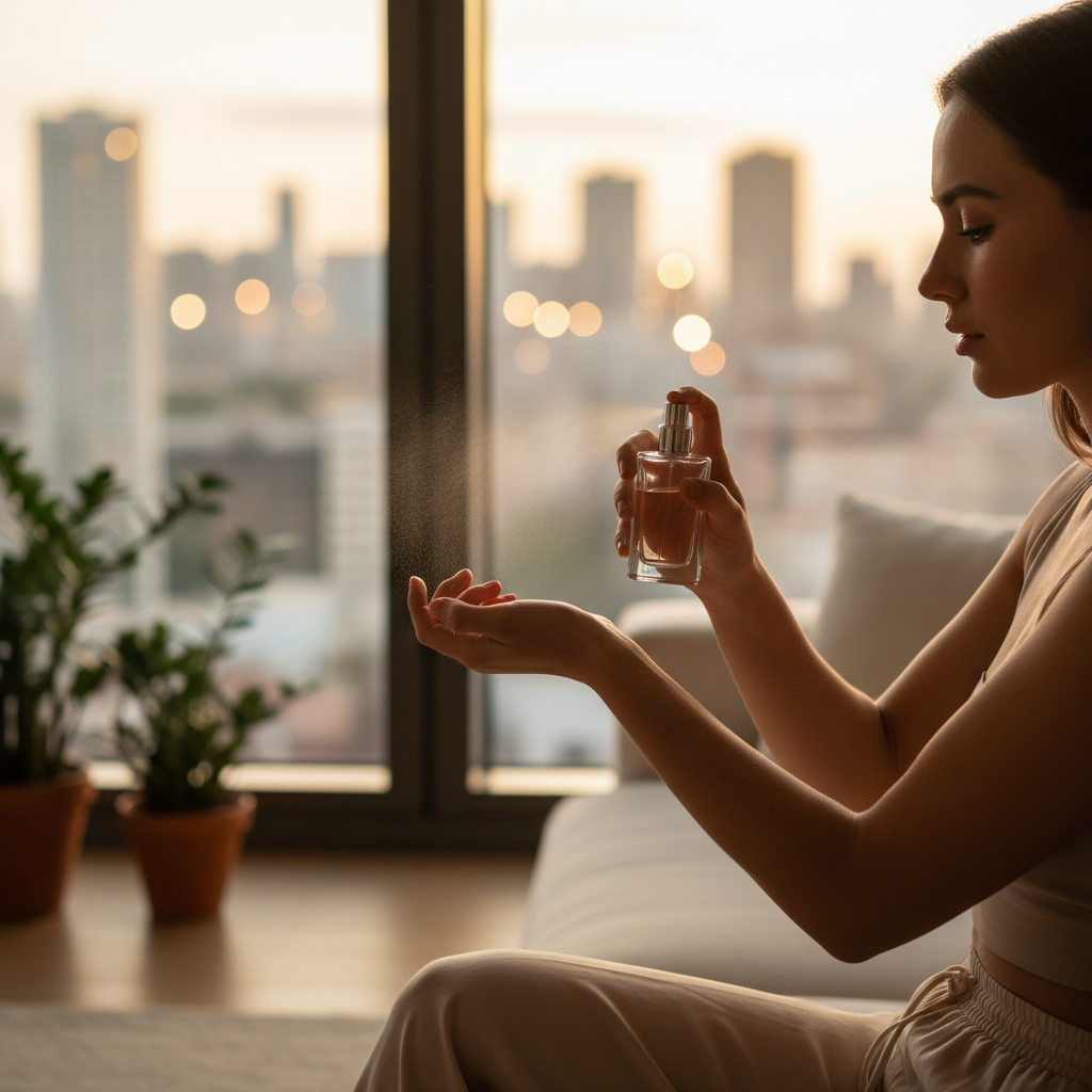 Lifestyle scene of applying a luxury perfume to the wrist near a window, illustrating application best practices